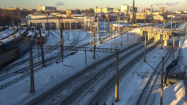 Time lapse video of trains in railway junction in winter day