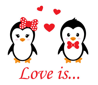 cartoon cute penguin set with heart with text