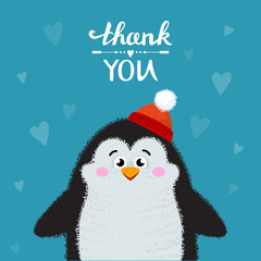 Obraz premium Cartoon penguin isolated on background. Thank you handwritten vector illustration. Lettering Thank you. Vector illustration