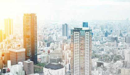 Obraz premium Asia Business concept for real estate - panoramic modern cityscape building bird eye aerial view under sunrise and morning blue bright sky in Osaka, Japan. Mix hand drawn sketch illustration