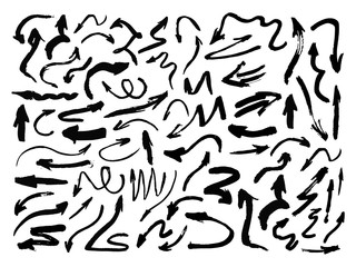 Hand drawn paintbrush vector arrows. Grunge arrow set on white.