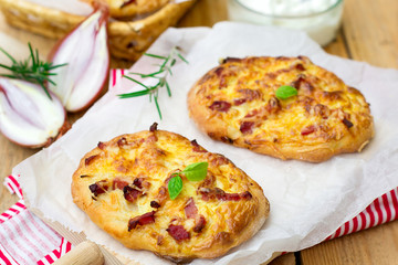 German pizza style tart flambee Swabian Dinnete