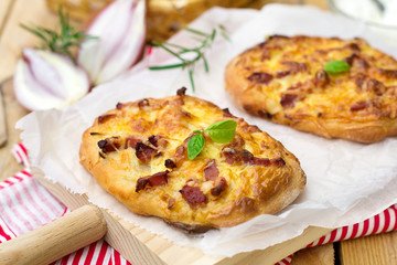 German pizza style tart flambee Swabian Dinnete