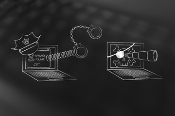 laptop with police hat & handcuffs vs pirate computer