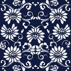 Fototapeta na wymiar Seamless Blue Japanese Background Cross Spiral Garden Flower Vin