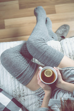 Cozy situation with drinking tea, cozy faded concept