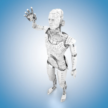 humanoider Roboter mit Handpose auf blauem Hintergrund 