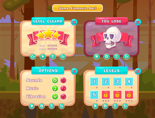 Set of cartoon buttons for casual games. Graphic user interface, vector illustration.