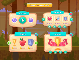 Set of cartoon buttons for casual games. Graphic user interface, vector illustration.