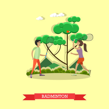 Vector illustration of boy and girl playing badminton, flat style.