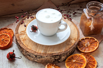 Coffee with a dairy skin on a tray selective focus
