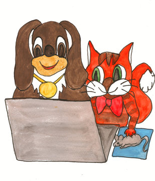 Illustration, Dog And Cat With Computer On White Background.