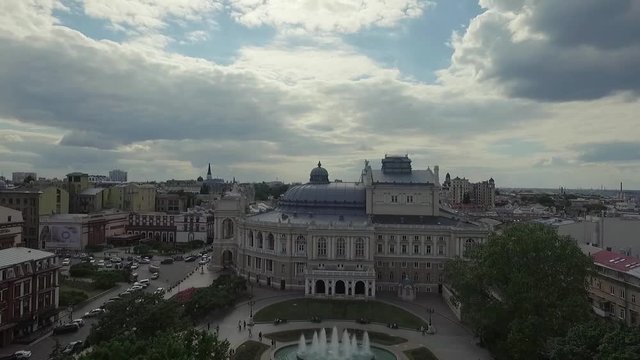 Odessa Opera House in Ukraine.ODESSA/UKRAINE - 7 JUNE 2016. Aerial camera flies towards the Odessa Opera House in Ukr.
