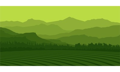 Silhouette Landscape Farm And Mountain Vector Illustration
