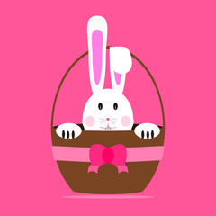 Easter bunny / rabbit inside basket. Isolated easter vector on pink background. Cartoon style.