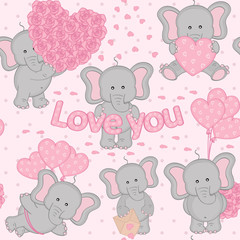 seamless pattern cute valentine elephant- vector illustration, eps