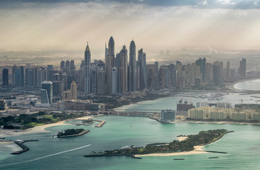 Dubai Marina and Palm Island, aerial view from helicopter