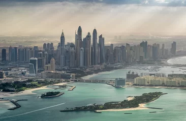 Foto op Canvas Dubai Marina and Palm Island, aerial view from helicopter © jovannig