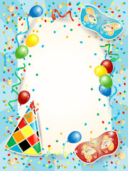 Party background with carnival masks, balloons and copy space
