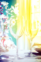 Colorful Table served for festive dinner. Close up view