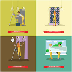 Vector set of construction and repairing house concept posters