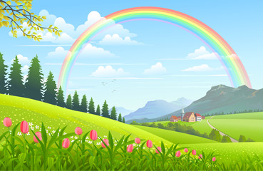 Rainbow over a lovely village