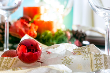 Close up of Christmas Table Setting.