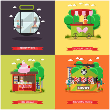 Vector set of amusement park concept posters, banners, flat style