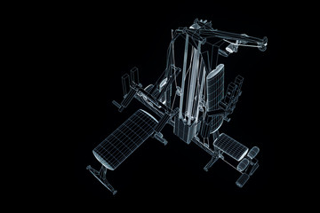 Gym Bench in Hologram Wireframe Style. Nice 3D Rendering

