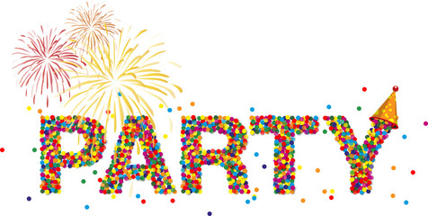 Party Schriftzug aus bunten Konfettis mit Feuerwerk und Hut, Vektor