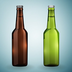 Green and brown bottles of beer on a grey background. Vector illustration