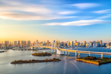 Fototapeta premium Tokio panoramę z wieżą tokijską i mostem tęczowym