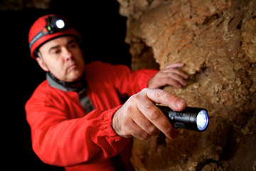 Naklejka premium Caving in Cat Cave, Zaragoza Province, Aragon, Spain.
