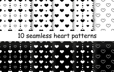 10 Heart shape vector seamless patterns. Black and white color. Endless texture can be used for printing onto fabric and paper or scrap booking. Valentines day background for invitation.