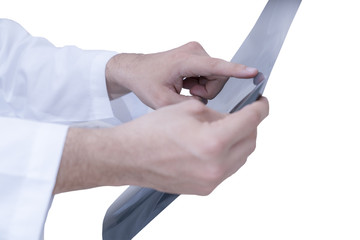 hand of doctor point to x-ray film on white background,clipping