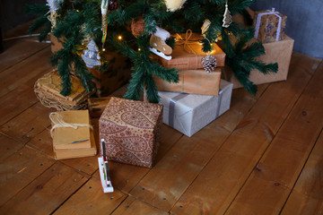 Brown Christmas decorations, Christmas tree, gifts.