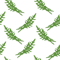Vector illustration seamless pattern, background hand drawn fresh green arugula leaves isolated on white background. Sketch rucola salad. Design elements for restaurant, cafe or shop.