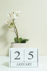 Closeup white wooden calendar with black 25 january word with white orchid flower on white wood desk and cream color wallpaper in room textured background , selective focus at the calendar