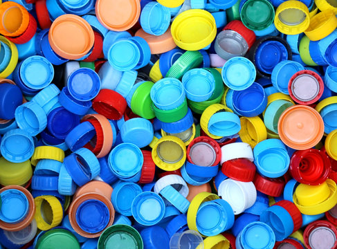 collection of many plastic caps for recycling the material