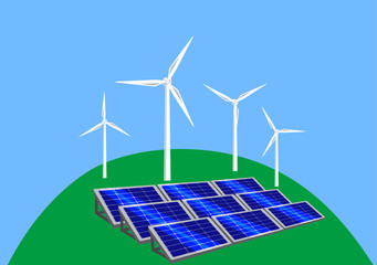 Vector image of wind-turbines and solar panels on a hill
