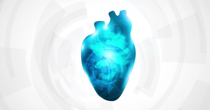 Blue heart mechanism, rotating gears inside, abstract anatomy illustration