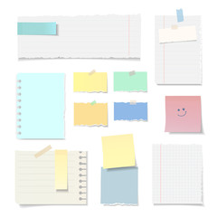 Set of blank Torn paper sheets isolated on white background. Realistic vector note pieces collection with sticky tape