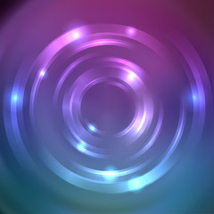 Vector round frame. Shining circle banner. Glowing spiral. Vector illustration. Blue, pink, purple colors.