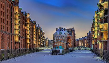 Speicherstadt Hamburg Winter Schnee Nacht