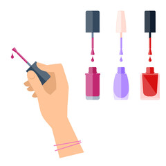 Women's hand with cosmetic product: nail varnish. Flat illustration of female hand with cosmetical accessories. Vector isolated on white background fasion and makeup design elements.