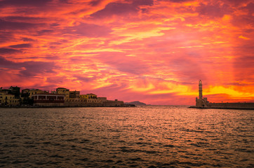 Naklejka premium Stunning sunset view of the old venetian port of Chania on Crete island Greece.