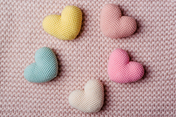 Heap of knitted hearts . Background Valentines Day.Valentines day cards.
