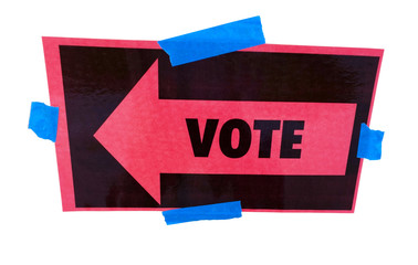 Isolated, handmade VOTE sign with arrow. Horizontal.