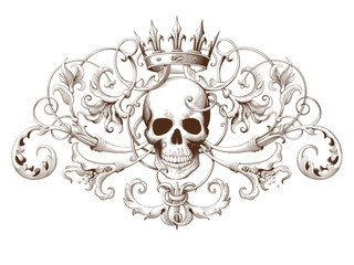 Vintage decorative element engraving with Baroque ornament pattern and skull. Hand drawn vector illustration