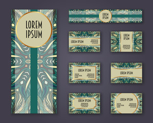 Business cards, invitations and banner template set. Ethnic mandala pattern and ornaments in boho style.